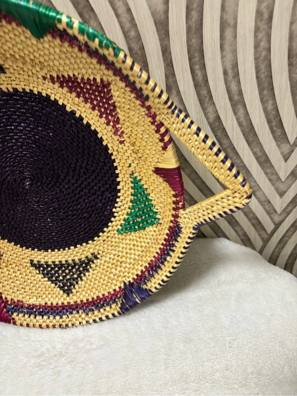 African hand woven colorful wall basket with handles